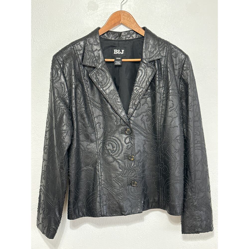VTG 90s Y2K B&J Genuine Leather Blazer M Black 3D Embossed Boho Hippie